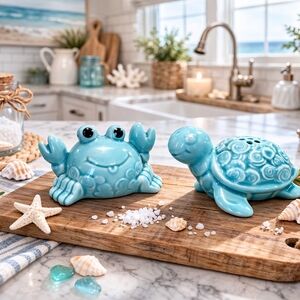 Coastal Blue Crab & Turtle Mini Salt & Pepper Shakers – Beach Cottage Decor